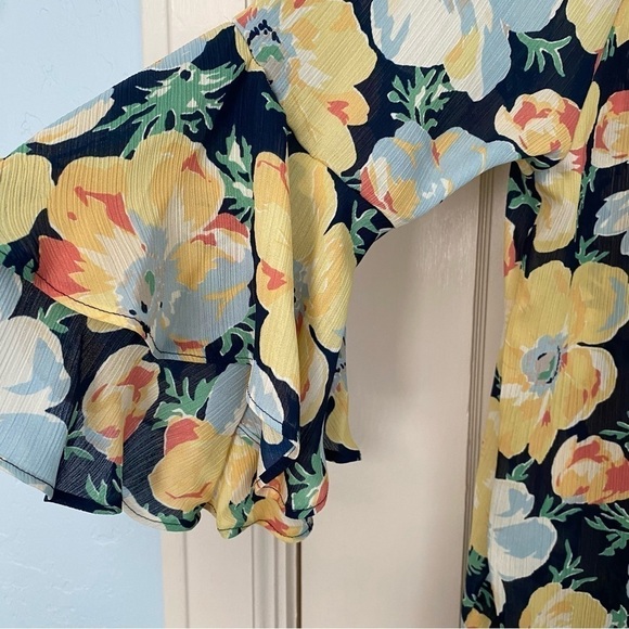 Chaps Shirt Floral Cottagecore Blouse Ruffle 3/4 Princess Sleeves Yellow Size S - Picture 4 of 9